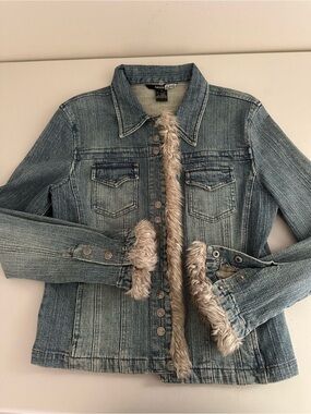 Vintage Y2K Kenzie Jeans Faux Fur Trim Denim Jacket Size 8 Snap Front Mall Goth